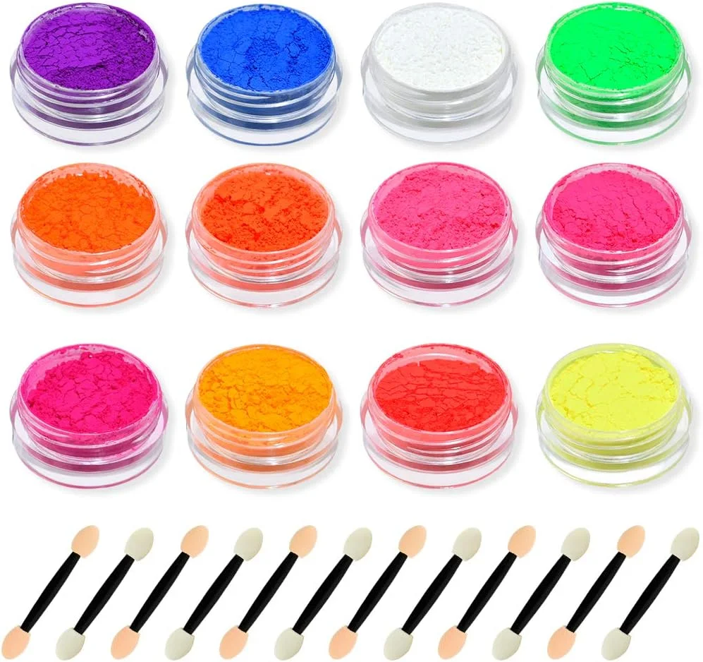 ۱۲ جعبه پودر رنگی ناخن، پودرهای رنگی فلورسنت رنگارنگ، اکلیل ناخن، گرادیان رنگین کمانی، تزئینات طراحی ناخن