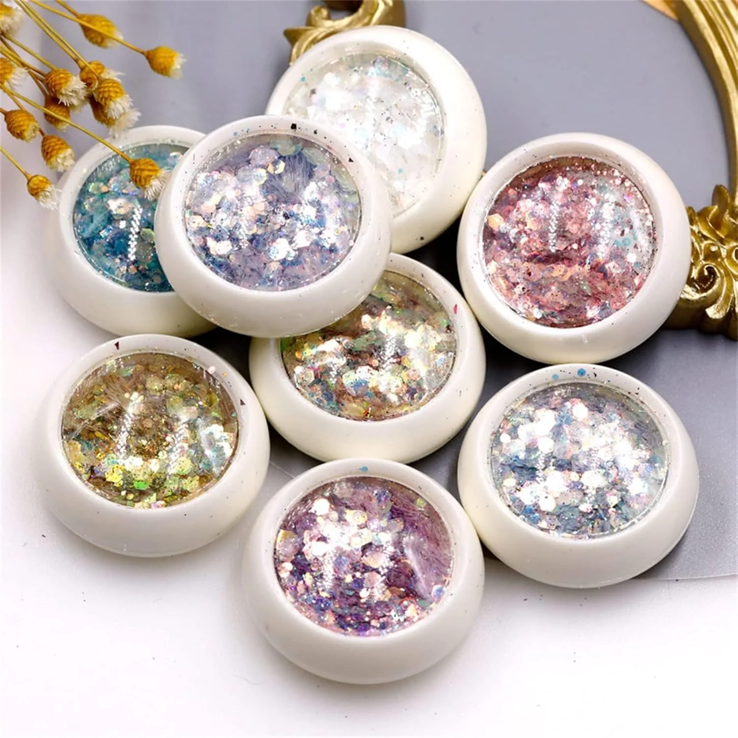تزئینات ناخن تزویق، دکور مهمانی طراحی ناخن DIY، پودر طراحی ناخن مرواریدی، مروارید شفاف و درخشان، پودر هولوگرافیک براق برای مانیکور و طراحی ناخن (8 رنگ)