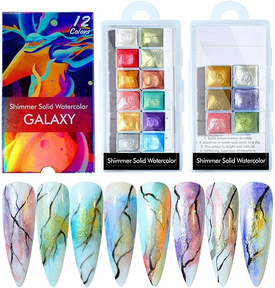 مجموعه رنگ های آبرنگی جامد ناخن، پودر رنگدانه ای براق صدفی، اکلیل های متالیک، لوازم جانبی طراحی ناخن