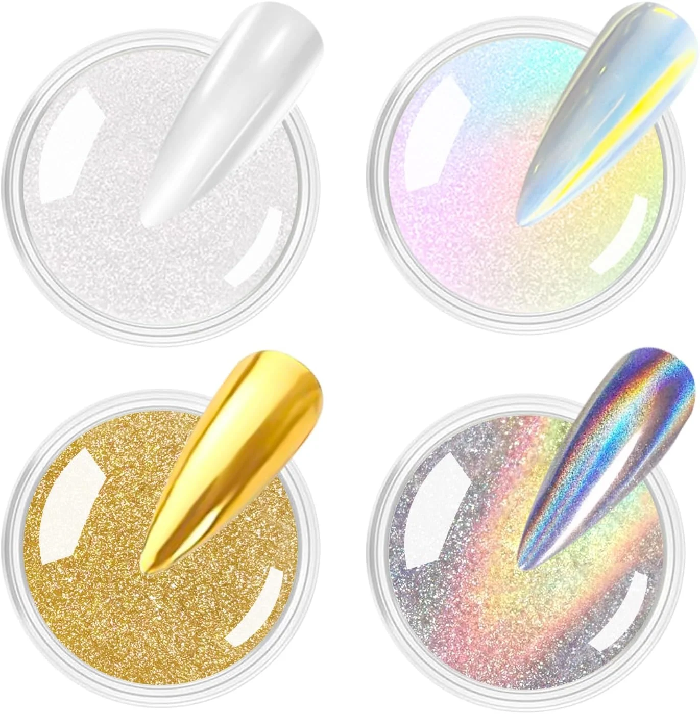 پودر کروم طلایی ناخن - پودر ناخن هولوگرافیک لیزری درخشان با جلوه آینه ای متالیک، پودرهای کروم ناخن Aurora، کیت گرد و غبار اکلیلی رنگین کمانی هولو پیگمنت مروارید سفید، تزئینات طراحی ناخن