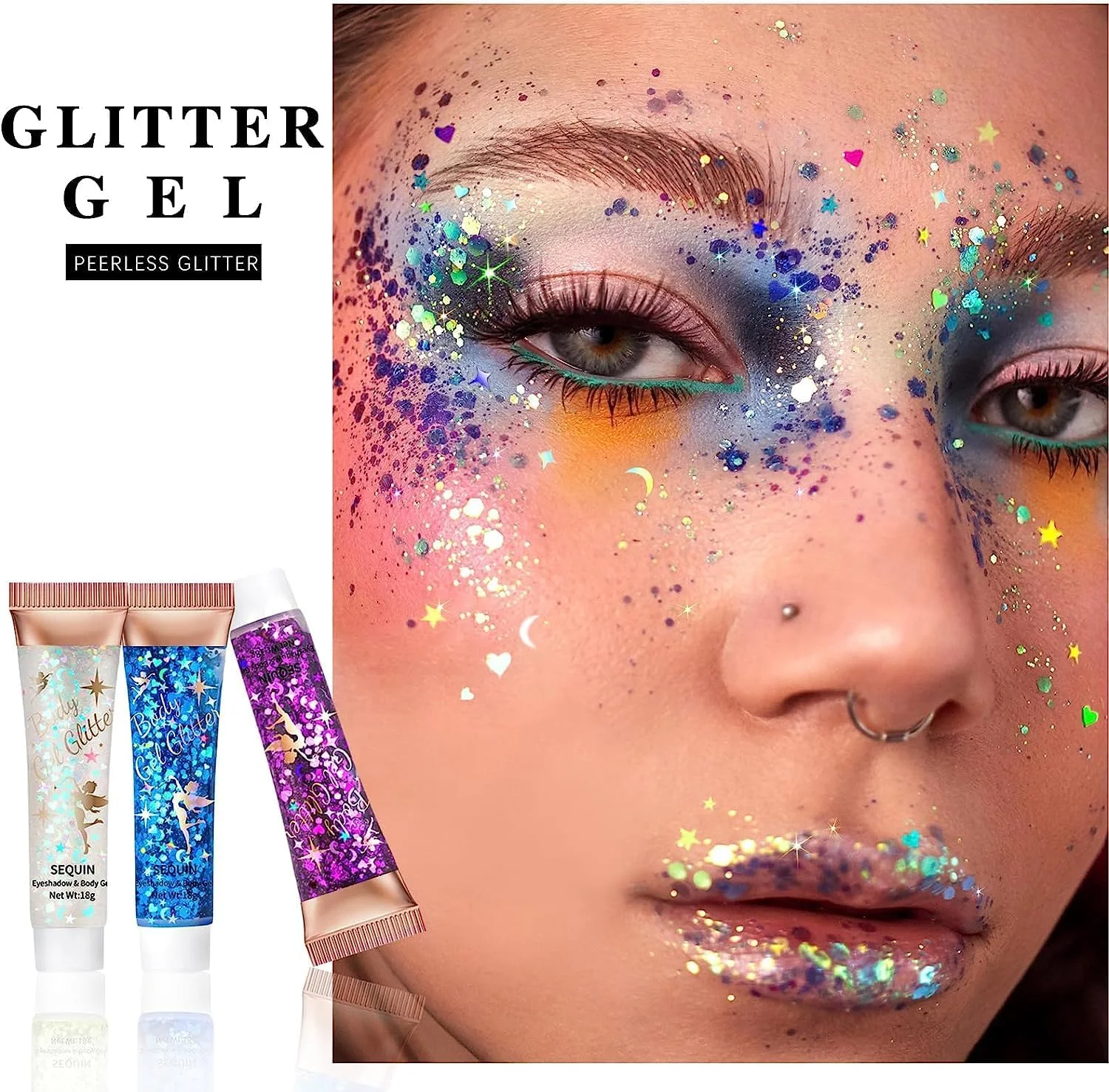 ژل اکلیلی بدن 8 رنگ، اکلیل پری دریایی برای صورت و مو، مناسب برای چشم ها، لب ها، ناخن ها و تزئینات درخشان بدن