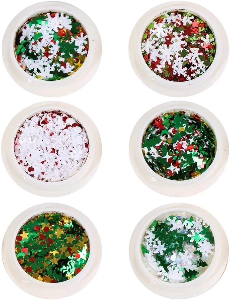 6 بطری اکلیل ناخن طرح کریسمس، برچسب ناخن دانه برف، پولک اکلیلی طراحی ناخن برای مانیکور و تزئین ناخن های زمستانی و تعطیلات کریسمس