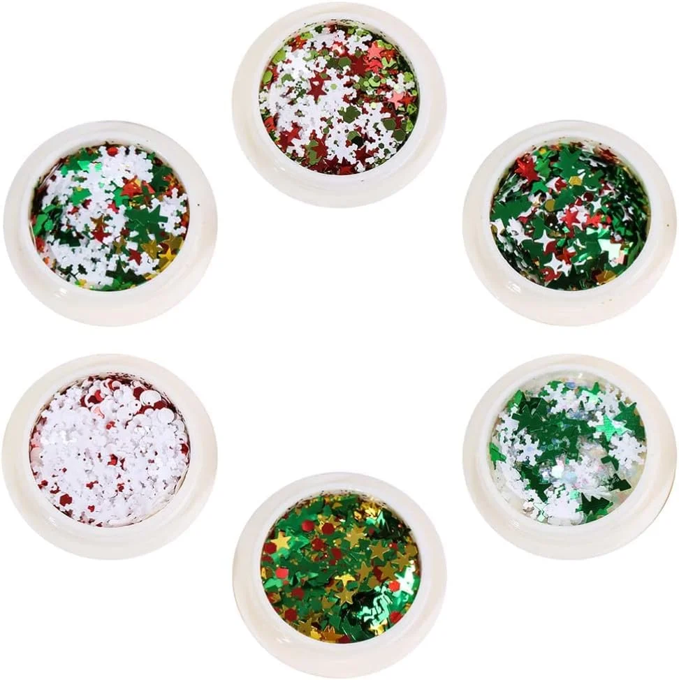 6 بطری اکلیل ناخن طرح کریسمس، برچسب ناخن دانه برف، پولک اکلیلی طراحی ناخن برای مانیکور و تزئین ناخن های زمستانی و تعطیلات کریسمس