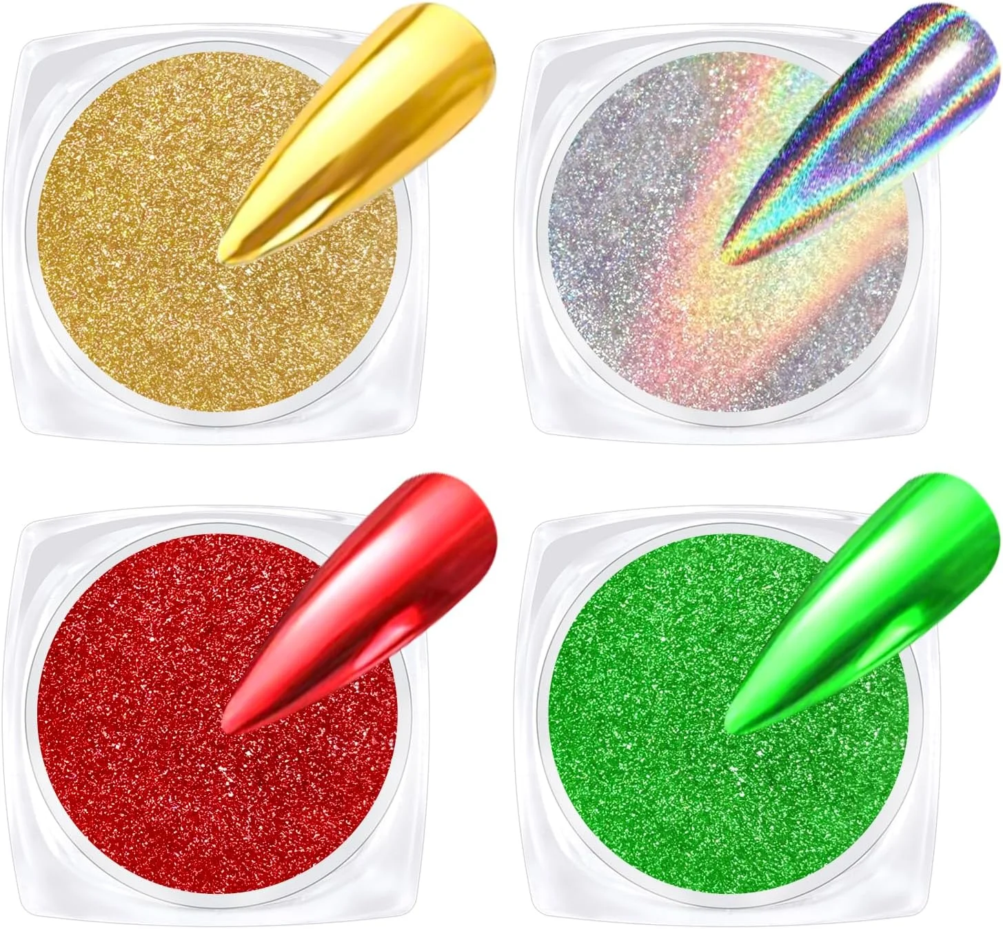 پودر کروم ناخن طلایی - 4 رنگ قرمز کریسمس، سبز، طلایی لیزری، پودرهای کروم ناخن، پودر کروم هولوگرافیک درخشان برای ناخن، جلوه آینه ای، رنگدانه اکلیلی - طراحی ناخن کریسمس
