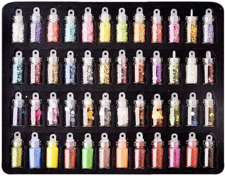 ست تزئین ناخن، کیت هنری اکلیل ناخن، مجموعه 48 رنگ بطری شیشه ای لوازم جانبی پولک ناخن برای زنان و نوجوانان، مناسب برای هنر ناخن/صنایع دستی/تلفن/لباس/کفش/کیف DIY