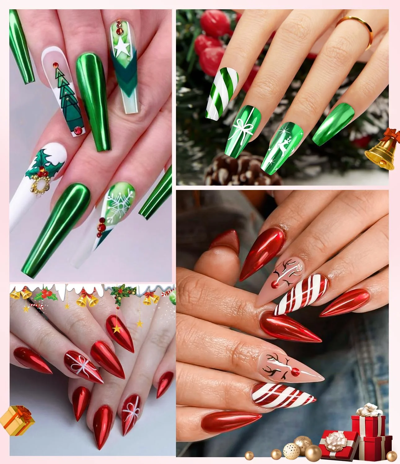 پودر کروم ناخن طلایی - 4 رنگ قرمز کریسمس، سبز، طلایی لیزری، پودرهای کروم ناخن، پودر کروم هولوگرافیک درخشان برای ناخن، جلوه آینه ای، رنگدانه اکلیلی - طراحی ناخن کریسمس