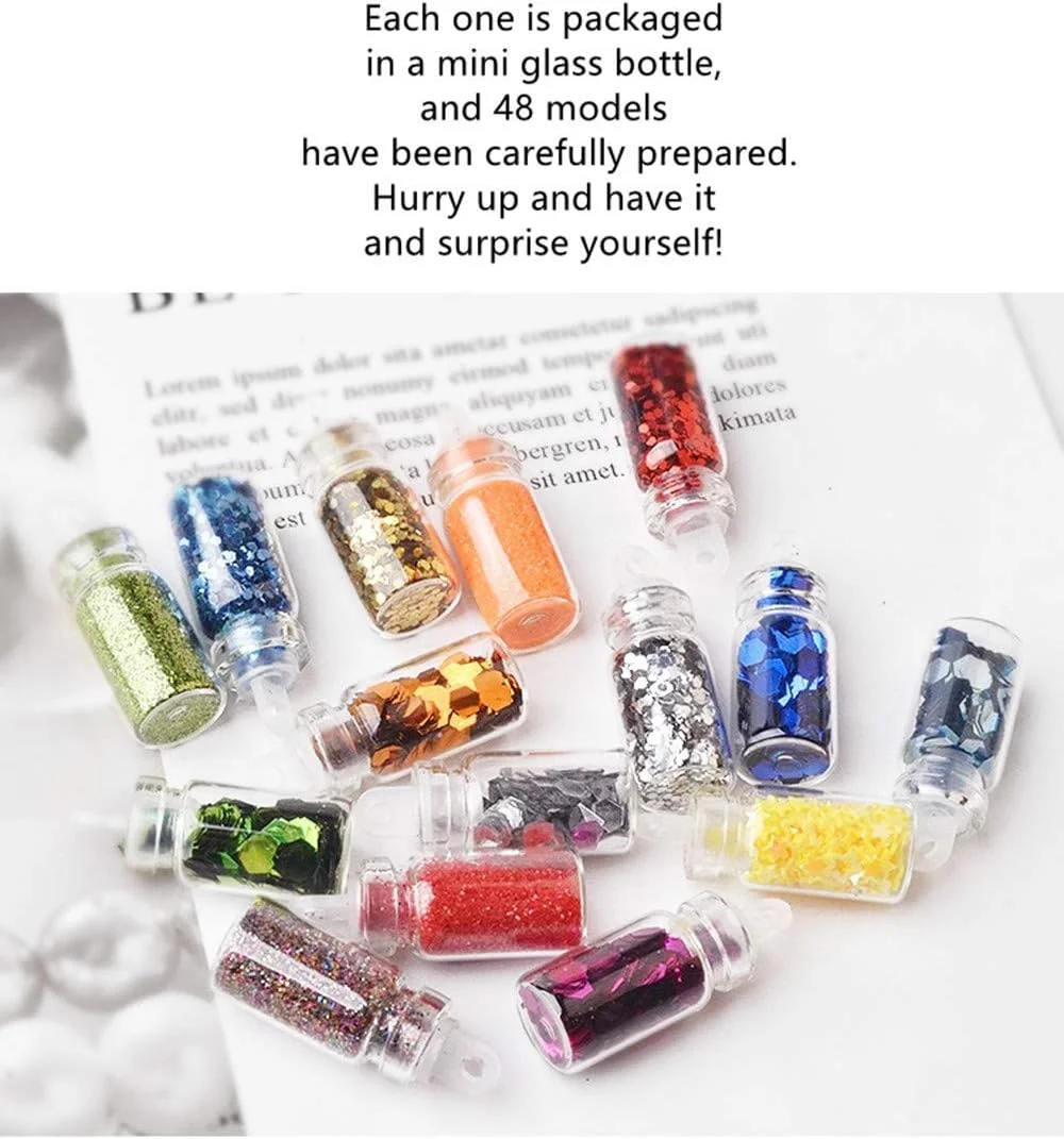 ست تزئین ناخن، کیت هنری اکلیل ناخن، مجموعه 48 رنگ بطری شیشه ای لوازم جانبی پولک ناخن برای زنان و نوجوانان، مناسب برای هنر ناخن/صنایع دستی/تلفن/لباس/کفش/کیف DIY