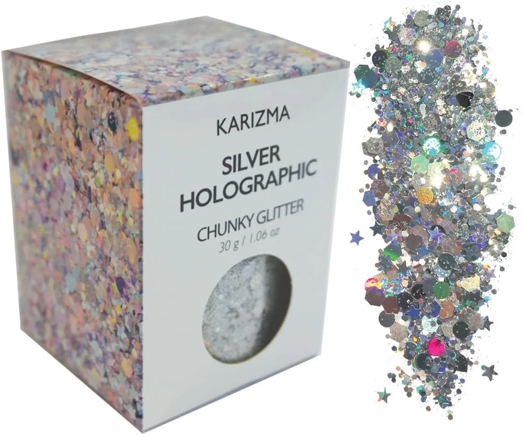 اکلیل درشت نقره ای هولوگرافیک کاریزما، ظرف بزرگ 30 گرمی، مناسب آرایش صورت، بدن، مو و ناخن