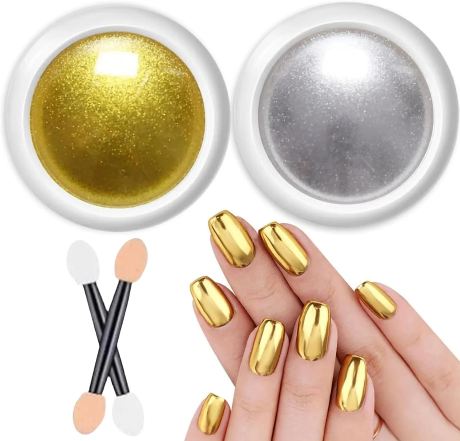 پودر کروم ناخن، پودر اکلیل ناخن، با برس های کوچک، بافت ظریف، رنگ آمیزی آسان، غنی از رنگ، بادوام و ماندگار، برای طراحی ناخن ژلی (نقره ای + طلایی) - 2 عدد
