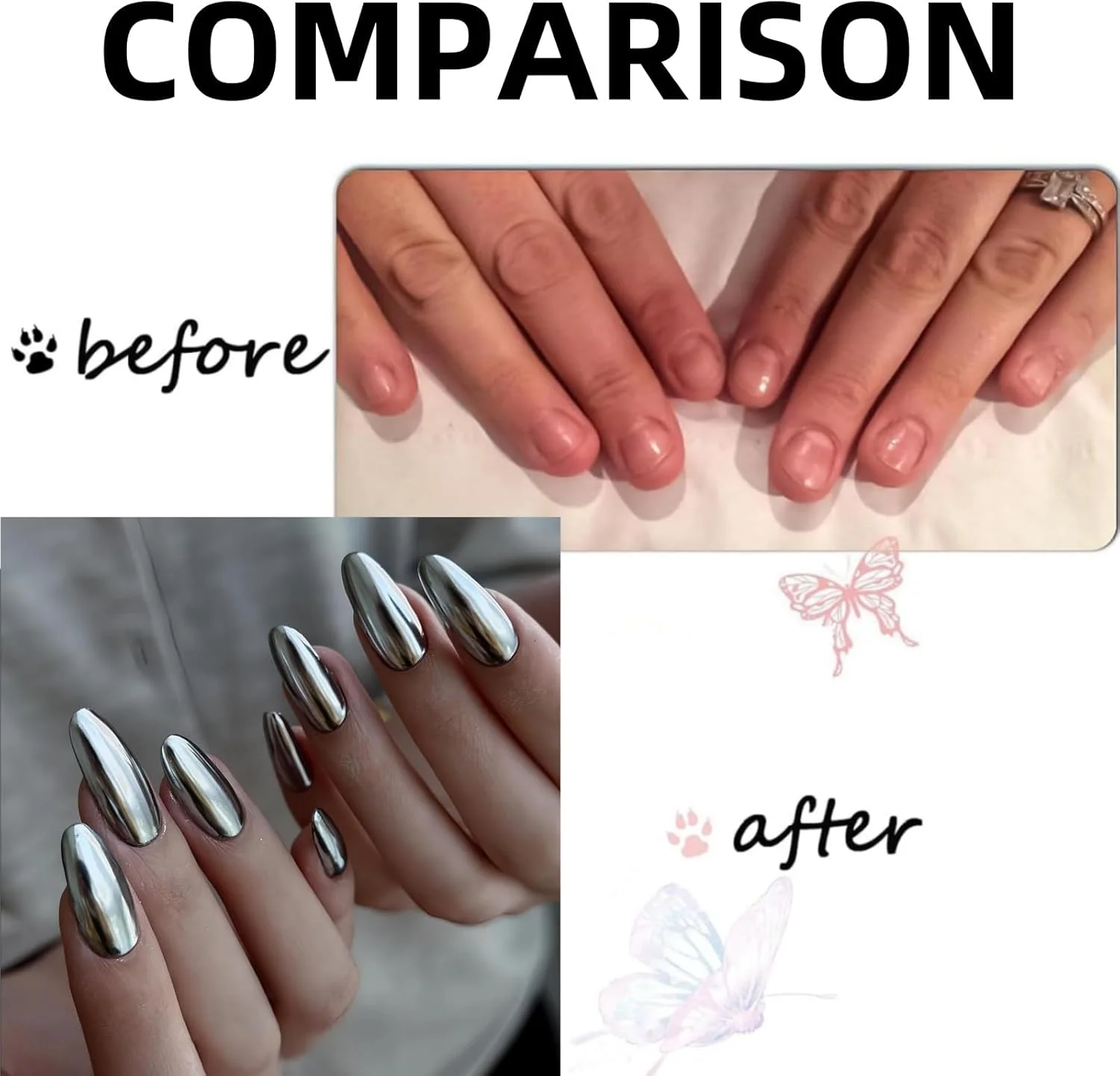 پودر کروم ناخن، پودر اکلیل ناخن، با برس های کوچک، بافت ظریف، رنگ آمیزی آسان، غنی از رنگ، بادوام و ماندگار، برای طراحی ناخن ژلی (نقره ای + طلایی) - 2 عدد