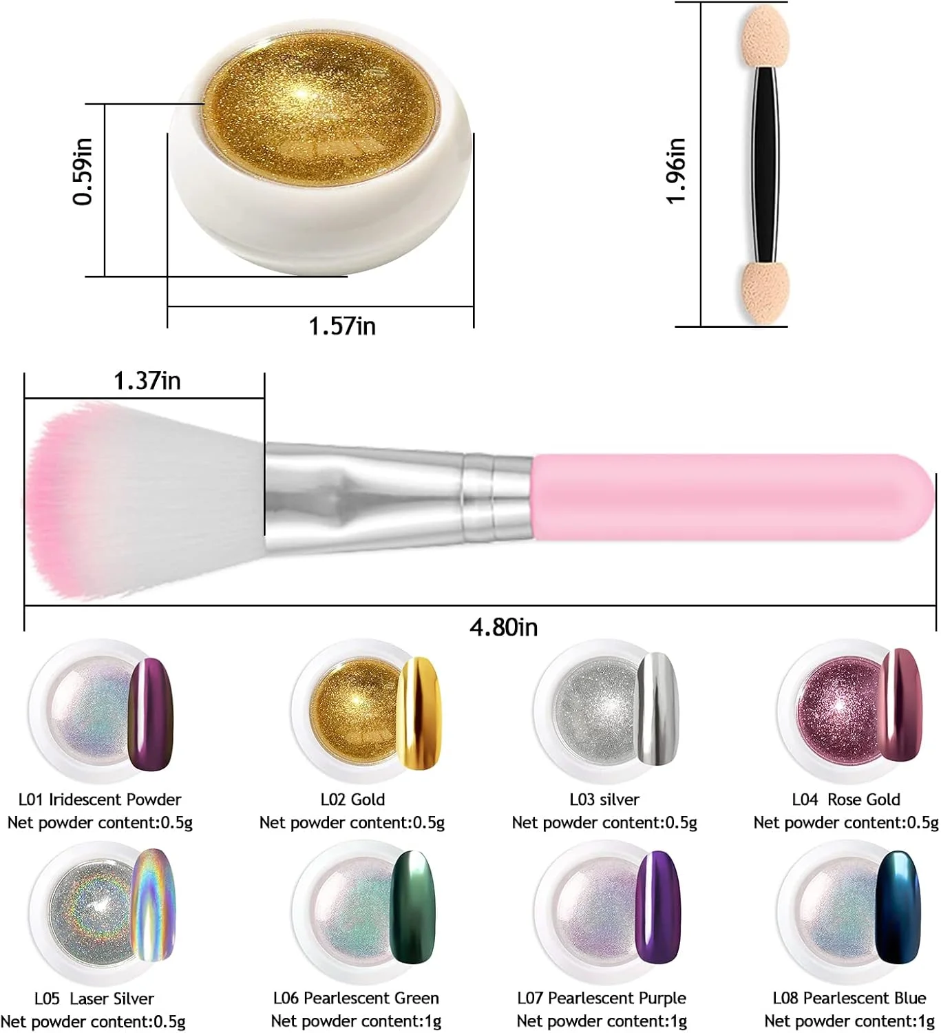 پودر کروم ناخن لوفوانا - 8 رنگ با جلوه آینه ای، هولوگرافیک، مرواریدی و رنگین کمانی، پودر کروم اکلیلی برای طراحی ناخن با 8 عدد اپلیکاتور سایه چشم و برس گردگیری، 1 گرم یا 0.5 گرم در هر ظرف