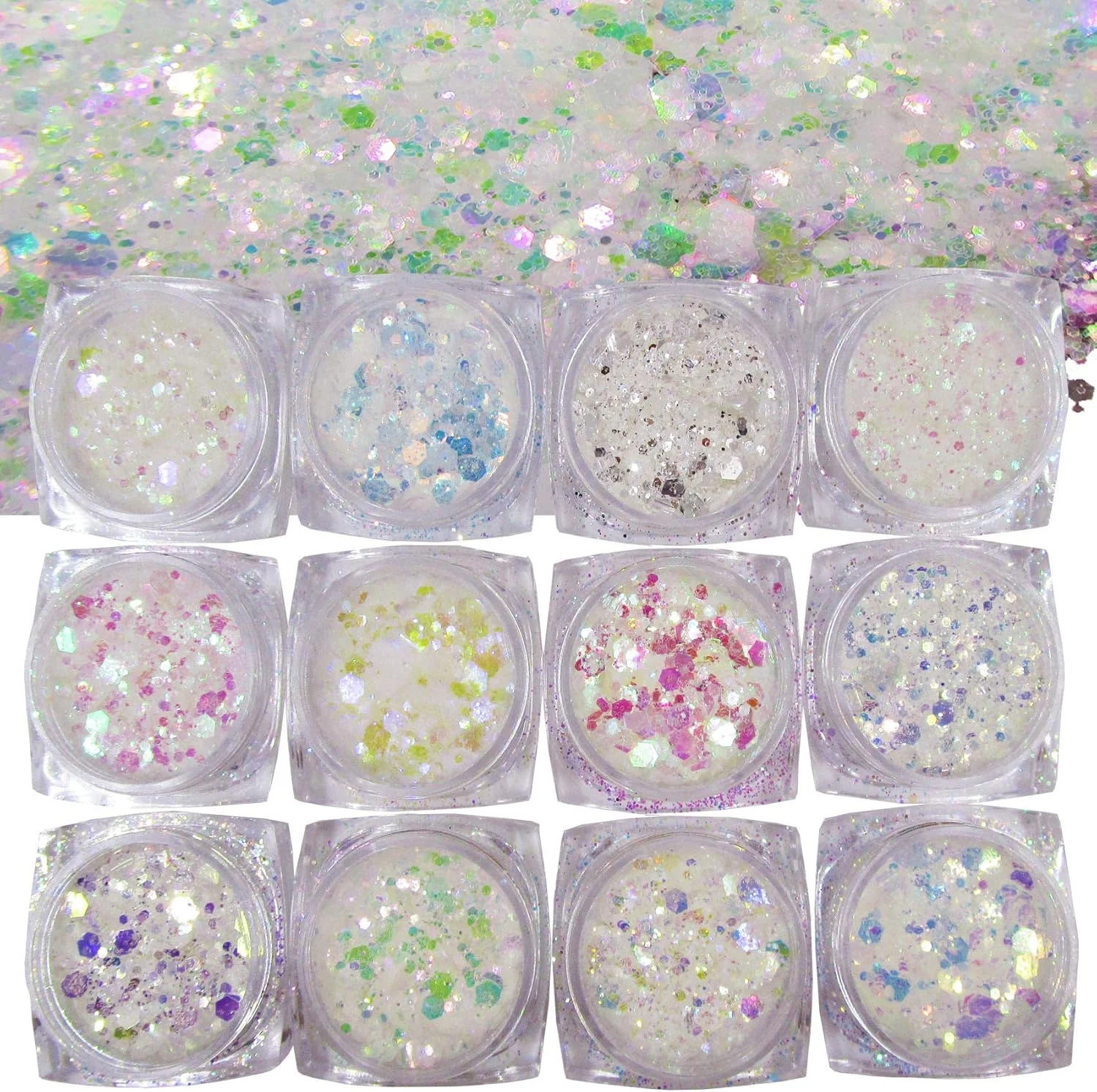 لاک فوراور پودر پولک اکلیلی درشت پری دریایی ۱۲ رنگ برای آرایش، بدن، صنایع دستی و طراحی ناخن