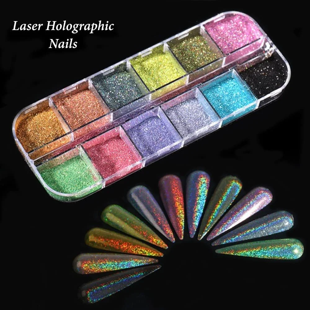 پودر هولوگرافیک لیزری 12 رنگ S.A.V.I، اکلیل ناخن، کیت طراحی ناخن، لوازم جانبی تزئینی طراحی ناخن، ترند مانیکور برای زنان و دختران