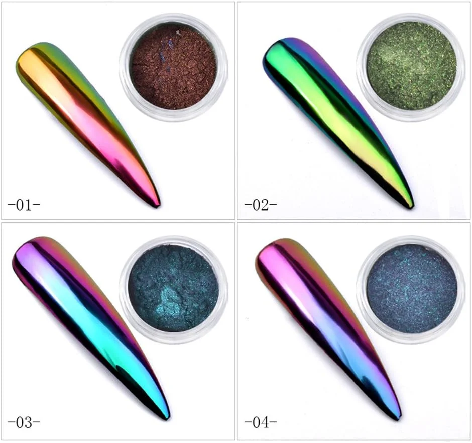 پودر کروم ناخن برای ژل ناخن، پودر کروم ناخن درخشان، پیگمنت کروم آینه ای، پودر اکلیل ظریف برای ناخن (شماره 1، 2، 3، 4) - 4 جعبه