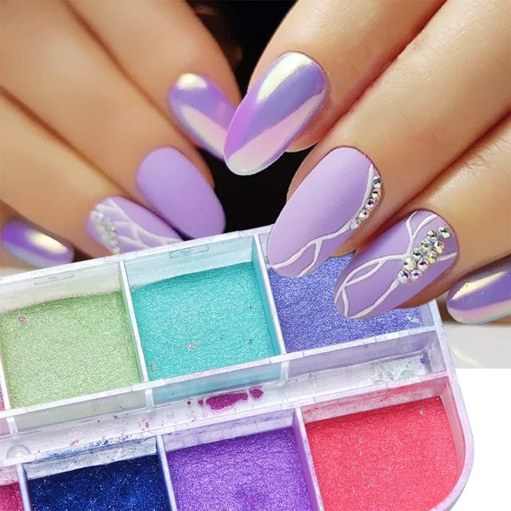 پودر اکلیل ناخن 12 رنگ، پولک های هولوگرافیک، پودر آینه ای رنگارنگ، پودر مرواریدی براق، پیگمنت کروم، گرد و غبار ریز، لاک بازتابنده، لوازم جانبی و تزئینات حرفه ای مانیکور