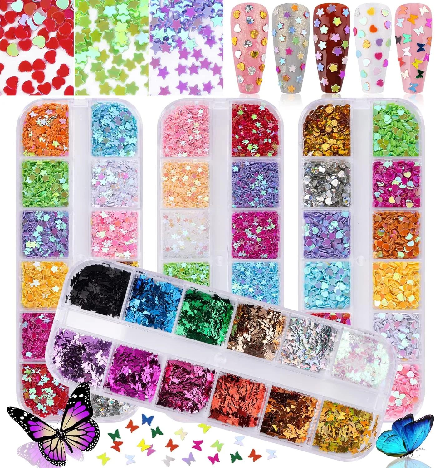 پولک های اکلیلی طراحی ناخن پروانه ای Kalolary، پولک های اکریلیک لیزری طراحی ناخن، اکلیل های سه بعدی نازک ستاره قلب پروانه شکوفه آلو برای تزئین ناخن، 4 جعبه