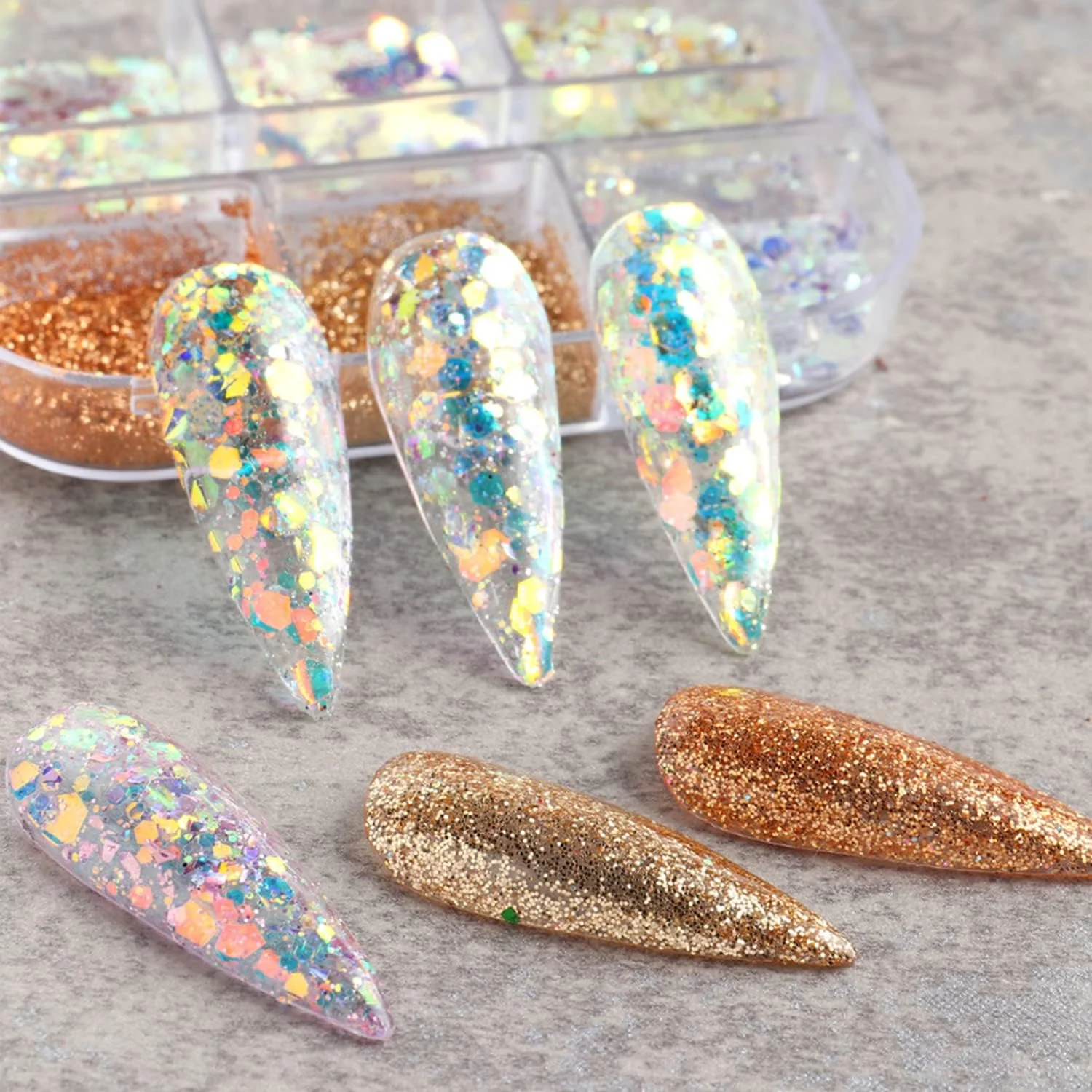 پودر پولک اکلیلی طراحی ناخن، پولک های براق هولوگرافیک برای لاک ژل ناخن، لوازم جانبی ناخن های اکریلیک سه بعدی درخشان برای تزئینات جذاب مانیکور زنانه، نوک ناخن رزینی