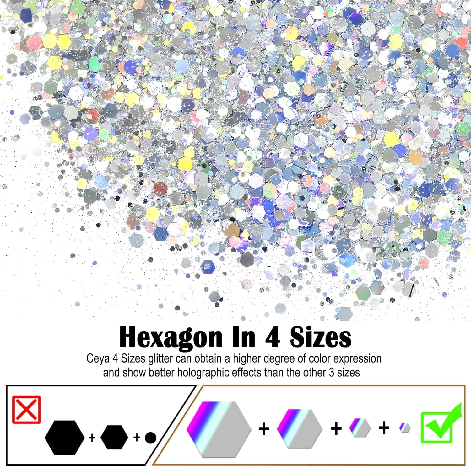 اکلیل هولوگرافیک درشت Ceya، 140 گرم پودر اکلیل نقره ای الماسی مخلوط پولک های ظریف رنگین کمانی برای طراحی ناخن، مو، رزین اپوکسی، لیوان، اسلایم، نقاشی، دکور جشنواره