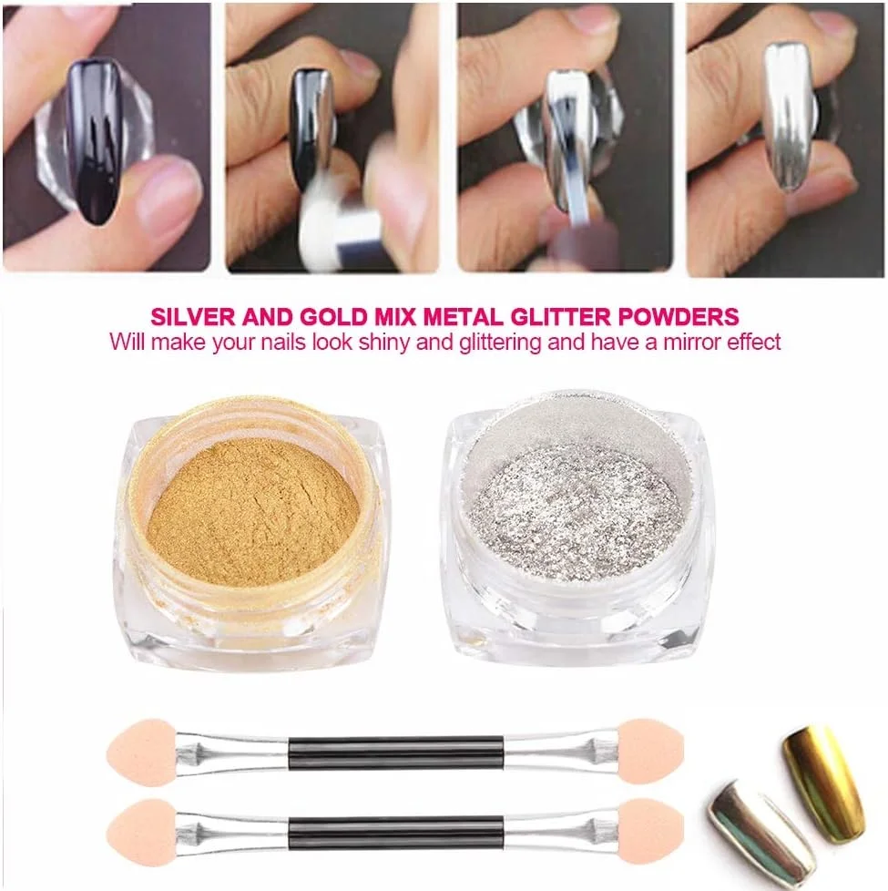 پودر کروم ناخن، تزئین نوک ناخن اکلیلی، پودر طلایی نقره ای رنگدانه مانیکور، پودر آینه ای DIY هنر ناخن (2 رنگ)