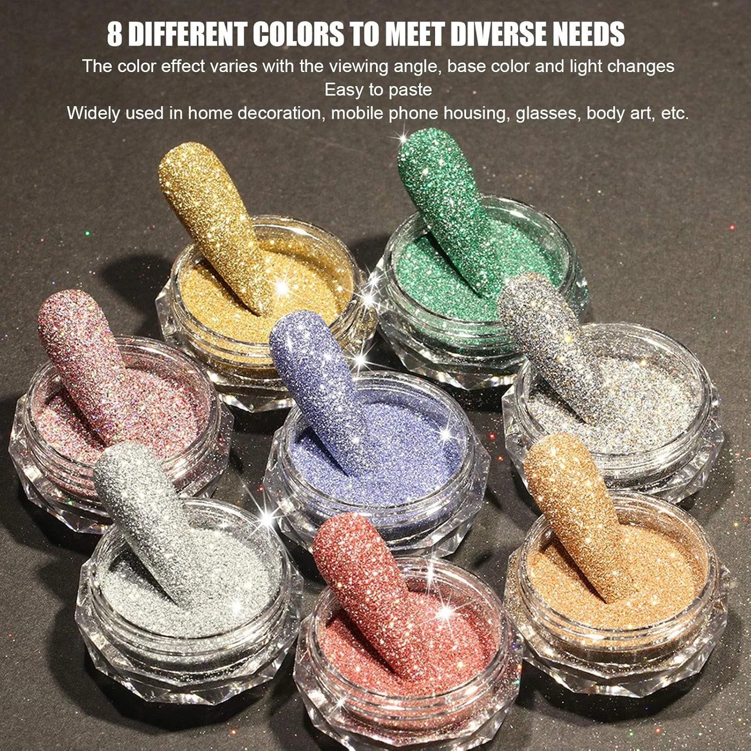 پودر اکلیل ناخن هولوگرافیک رنگی 8 عددی مناسب مانیکور خانگی و تزئین قاب موبایل و هنر های دستی