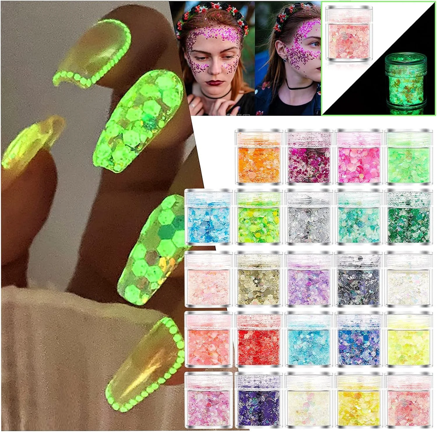 پولک های درخشان طراحی ناخن، پولک های اکلیلی ناخن هولوگرافیک، پودر پولک های اکلیلی سه بعدی در تاریکی برای تزئین ناخن، برچسب های DIY (J)