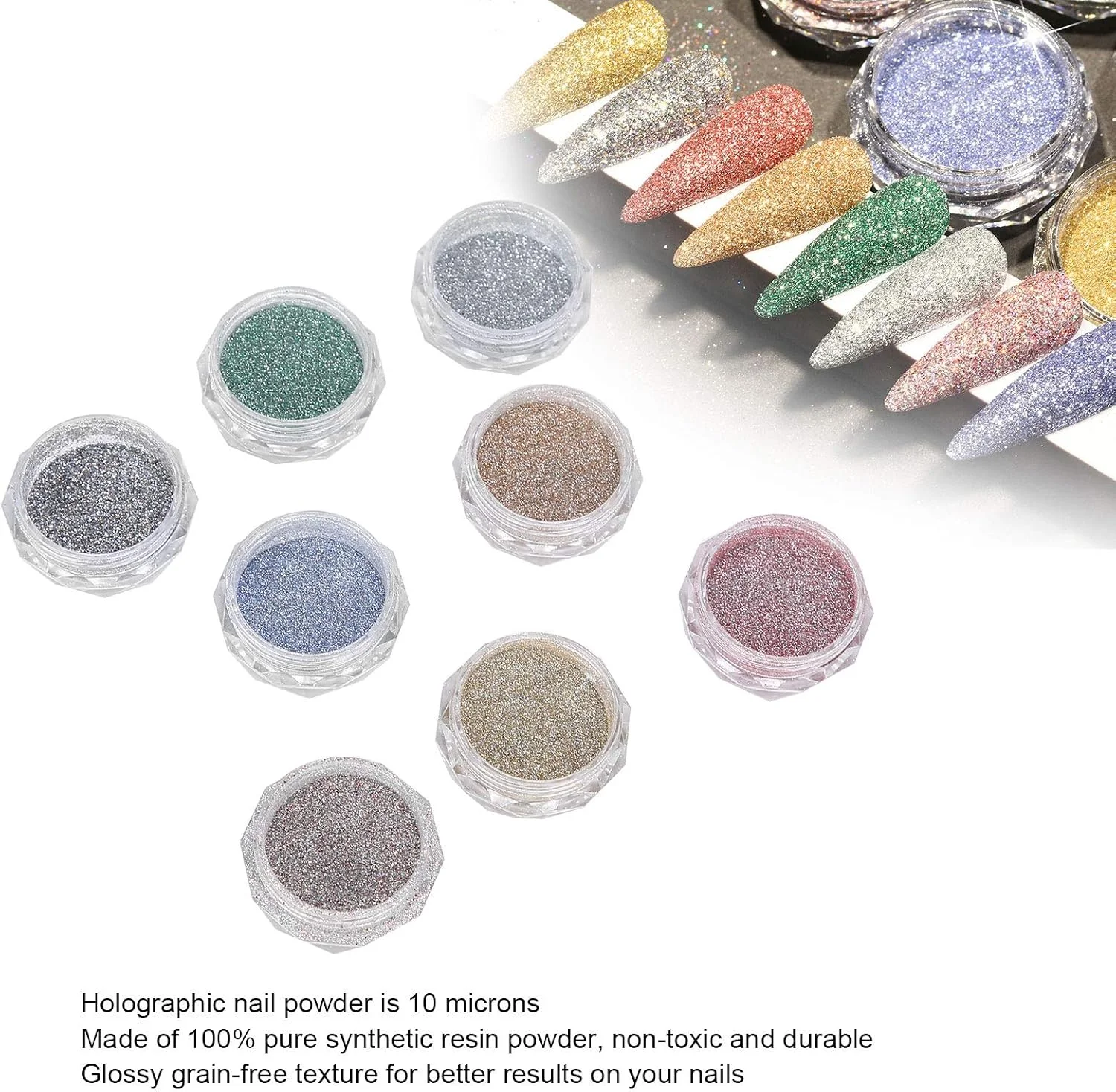 پودر اکلیل ناخن هولوگرافیک رنگی 8 عددی مناسب مانیکور خانگی و تزئین قاب موبایل و هنر های دستی