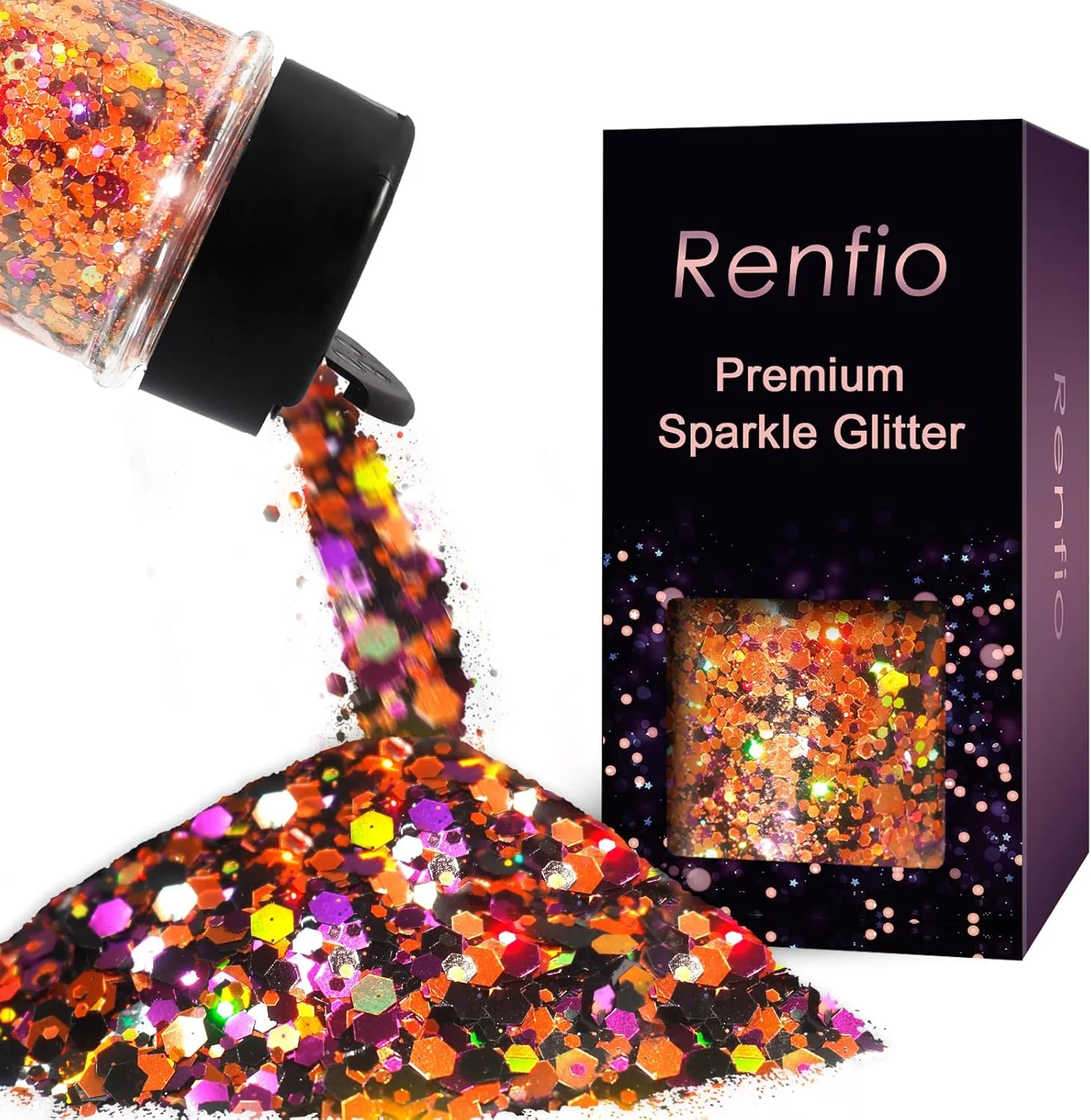 اکلیل درشت نارنجی، بنفش و مشکی Renfio، اکلیل هولوگرافیک ترکیبی برای هالووین، پولک های شش ضلعی رنگین کمانی 50 گرمی برای گوی برفی، رزین، کاردستی، ناخن، صورت، مو، دکور جشنواره، زیور آلات