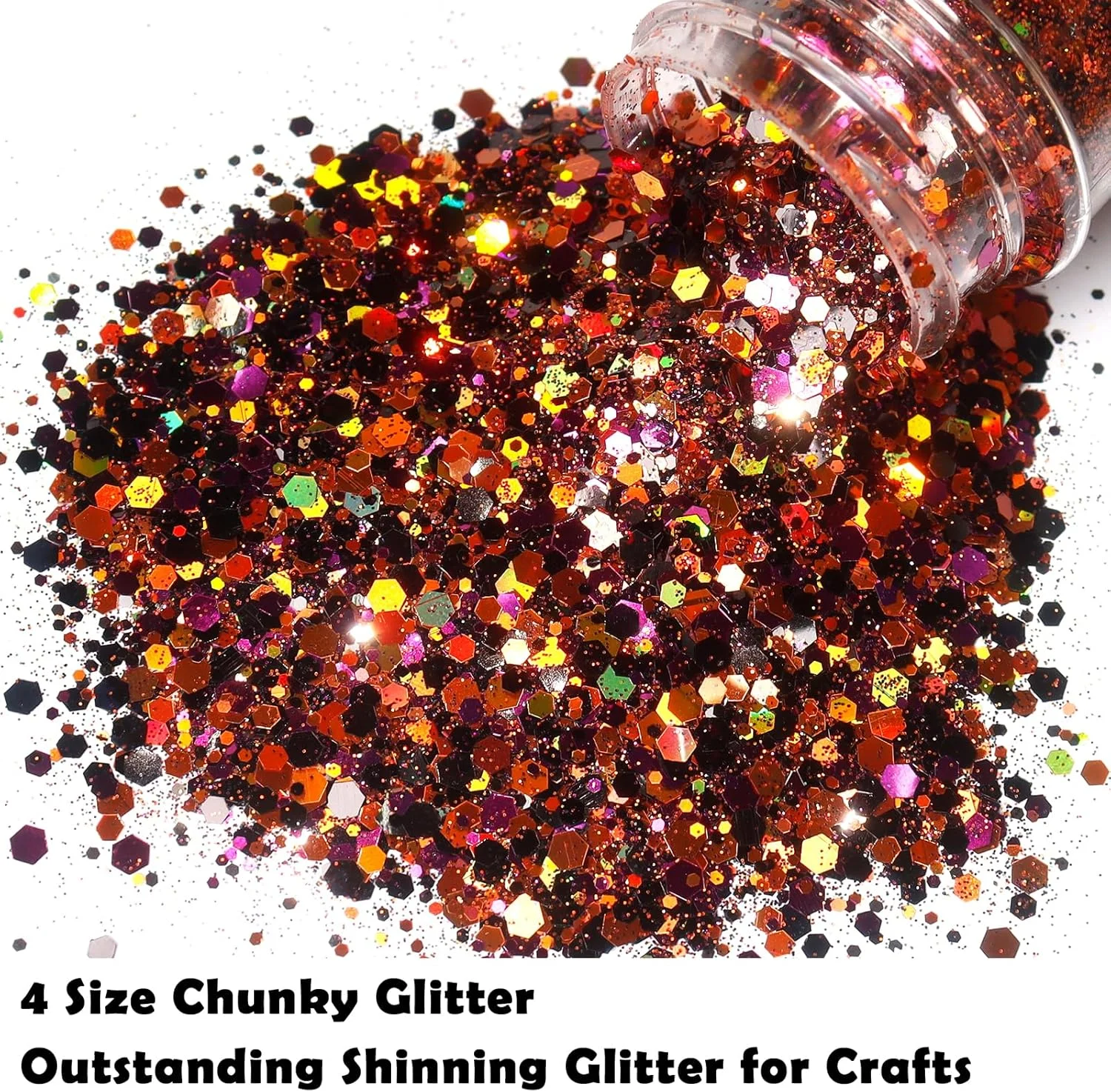 اکلیل درشت نارنجی، بنفش و مشکی Renfio، اکلیل هولوگرافیک ترکیبی برای هالووین، پولک های شش ضلعی رنگین کمانی 50 گرمی برای گوی برفی، رزین، کاردستی، ناخن، صورت، مو، دکور جشنواره، زیور آلات