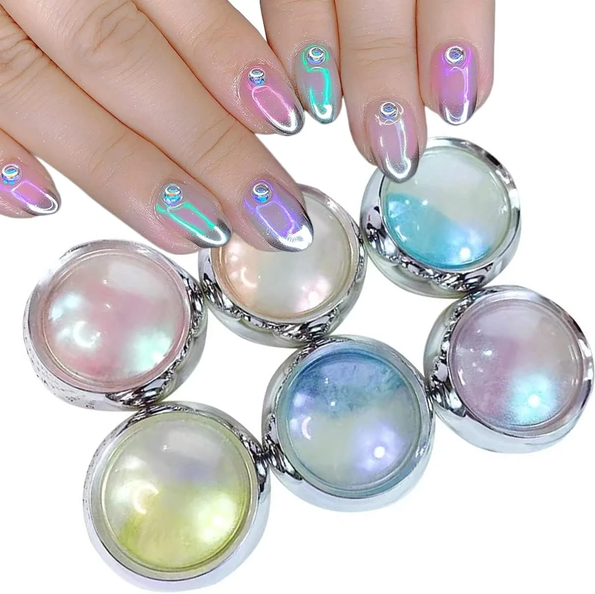 پودر ناخن کروم 6 رنگ پری دریایی، پودر اکلیل هنری ناخن، پیگمنت اثر آینه ای متالیک، کیت گرد و غبار اکلیل مرواریدی پری دریایی برای تزئین ناخن با لاک ژل