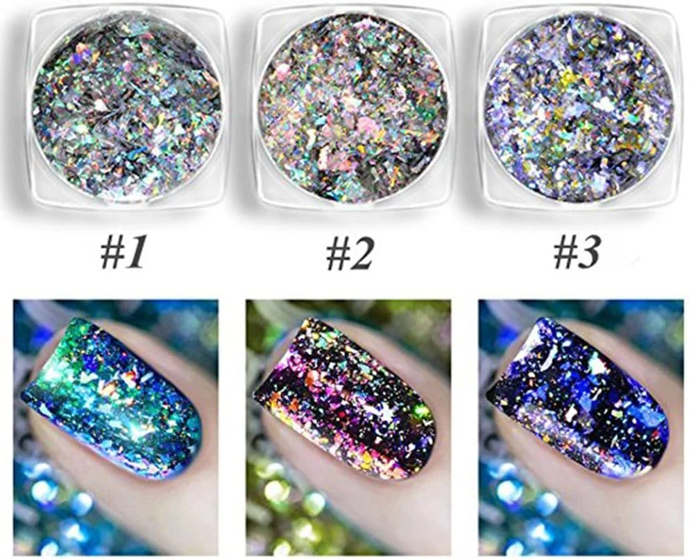 نگین ناخن آرت کالیدوسکوپ پولک لیزری براق هولوگرافیک پودر آینه ای کهکشانی 3 جعبه