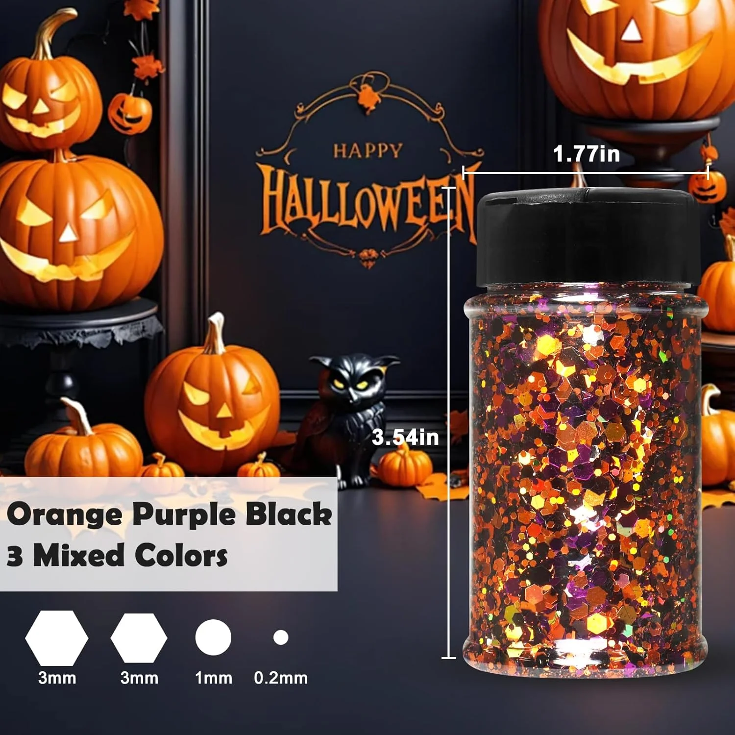 اکلیل درشت نارنجی، بنفش و مشکی Renfio، اکلیل هولوگرافیک ترکیبی برای هالووین، پولک های شش ضلعی رنگین کمانی 50 گرمی برای گوی برفی، رزین، کاردستی، ناخن، صورت، مو، دکور جشنواره، زیور آلات