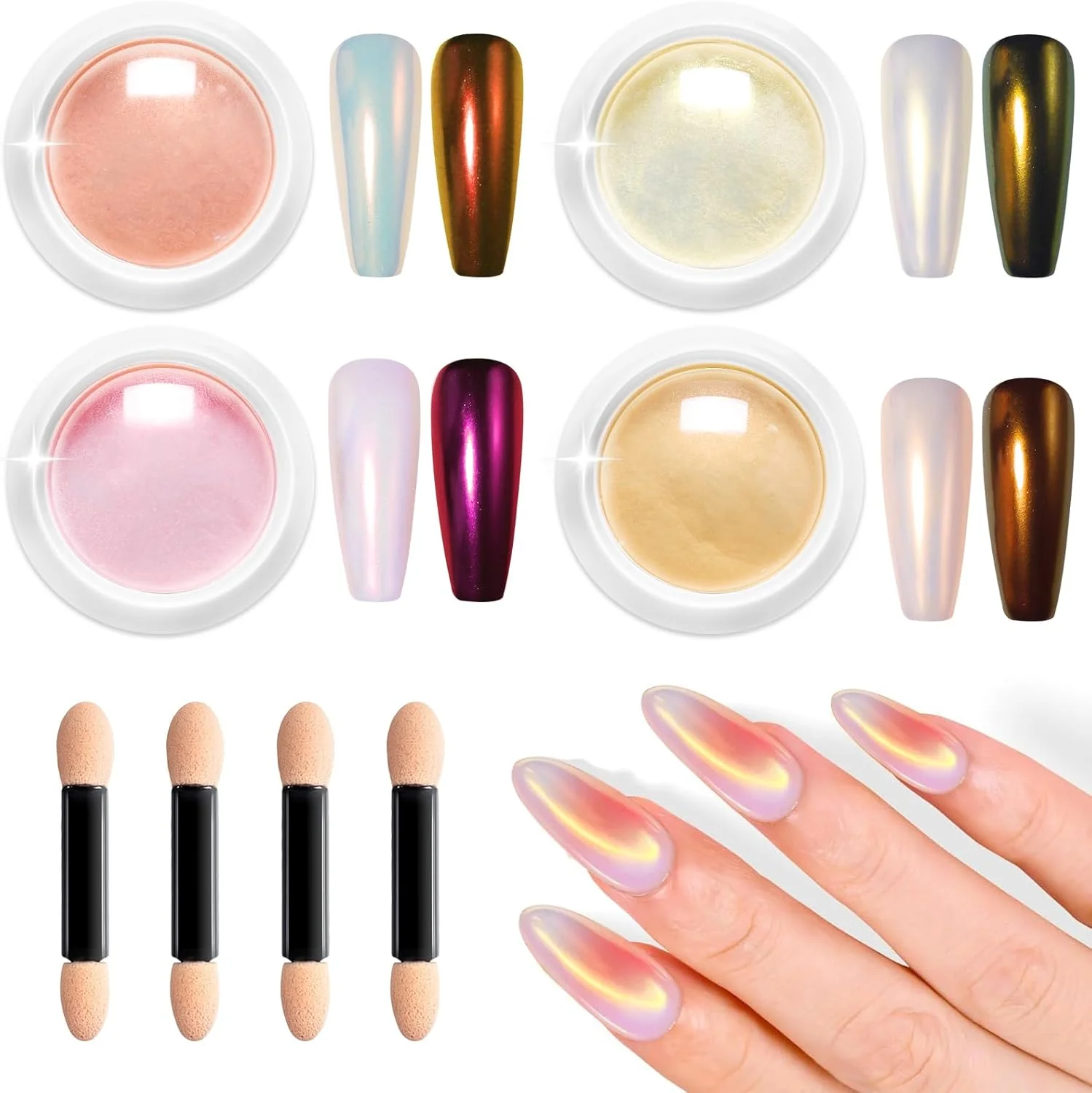 پودر کروم ناخن مرواریدی - پودر کروم سفید شبح وار فوق العاده شفاف، ست پودر اکلیل پری دریایی آرورا برای طراحی و تزئین ناخن