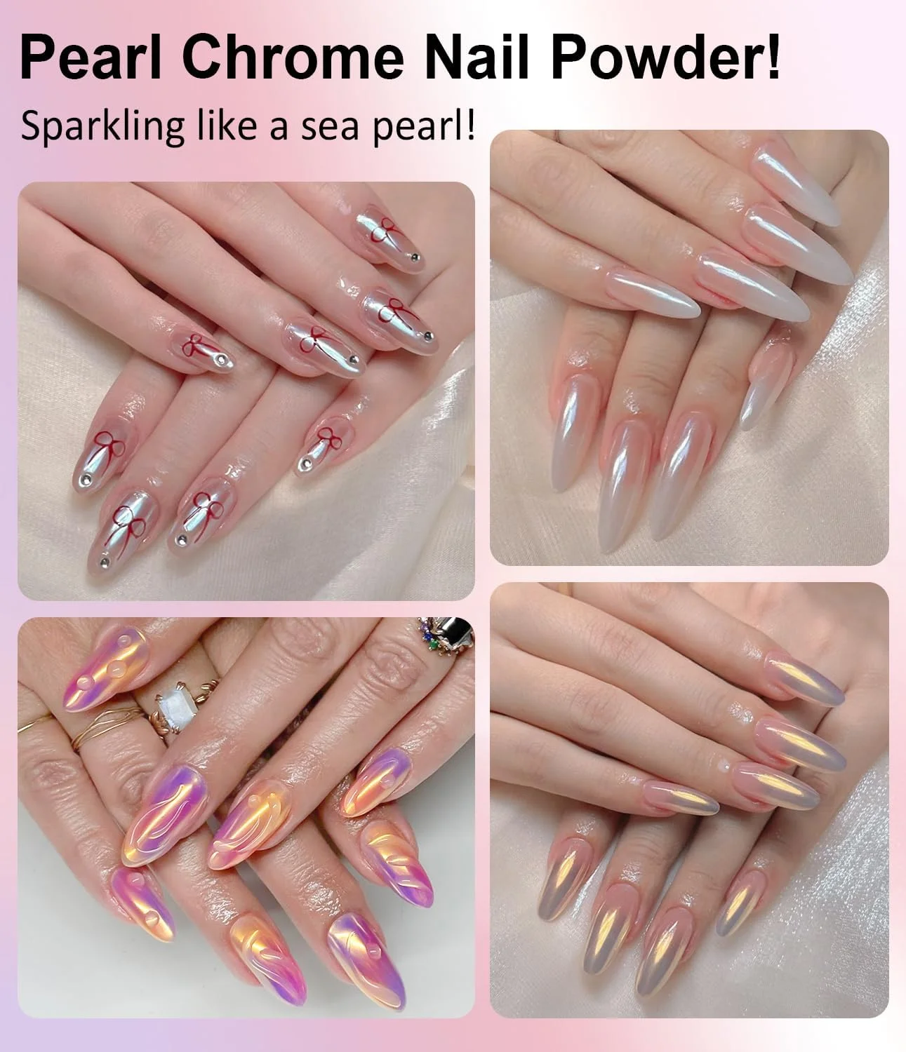 پودر کروم ناخن مرواریدی - پودر کروم سفید شبح وار فوق العاده شفاف، ست پودر اکلیل پری دریایی آرورا برای طراحی و تزئین ناخن