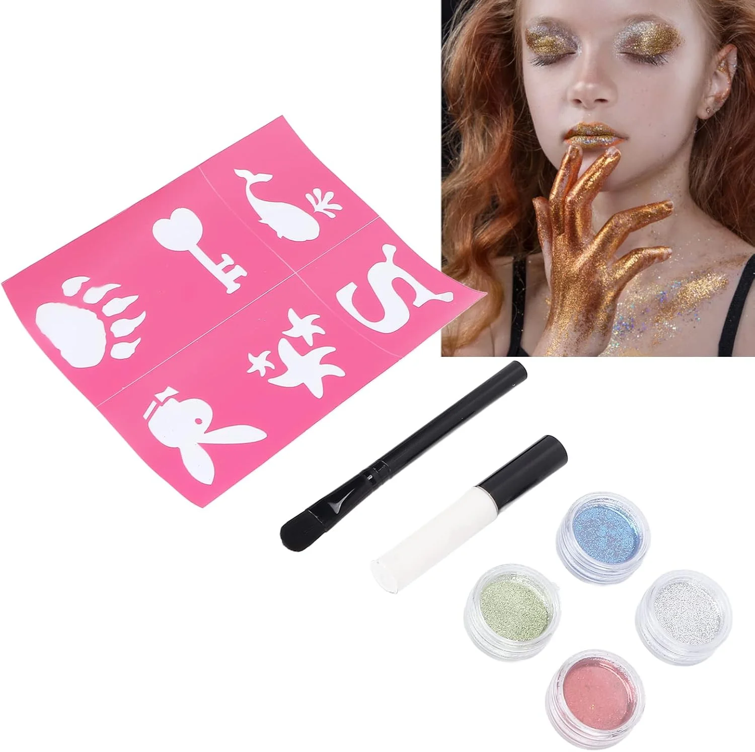 اکلیل سایه چشم و ناخن، کیت پودر اکلیل تزئینی رنگ روشن چند منظوره به همراه چسب برای مهمانی و صورت