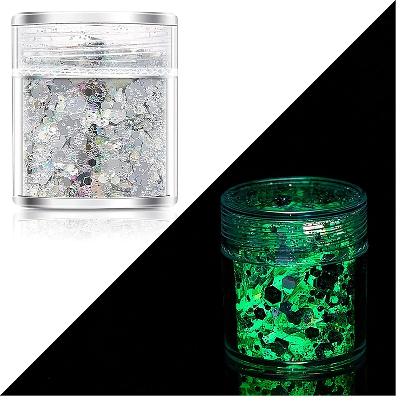 پولک های درخشان طراحی ناخن، پولک های اکلیلی هولوگرافیک طراحی ناخن، پودر پولک های اکلیلی سه بعدی در تاریکی برای تزئین ناخن، برچسب های DIY (V)