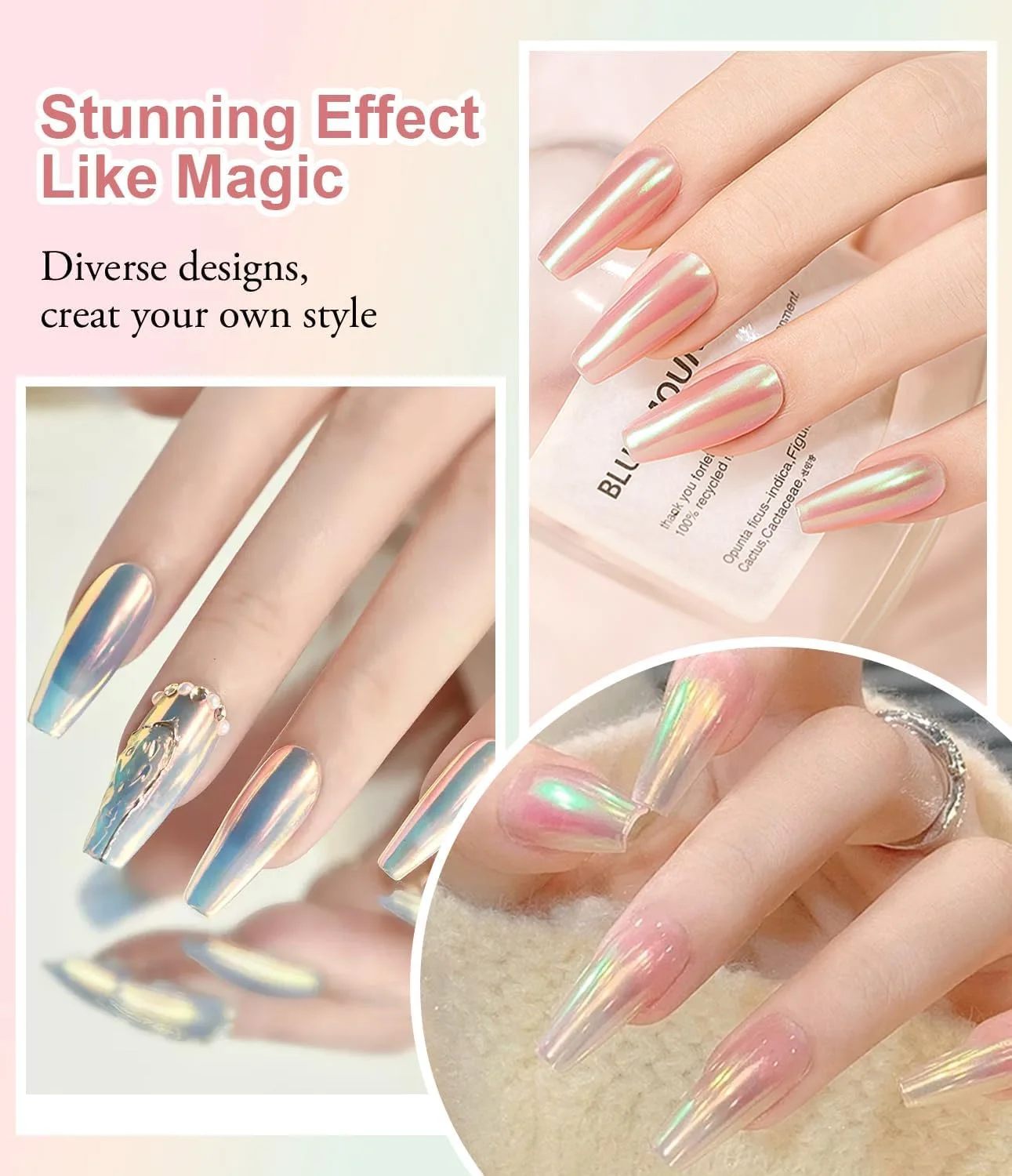 پودر کروم ناخن مرواریدی - پودر کروم سفید شبح وار فوق العاده شفاف، ست پودر اکلیل پری دریایی آرورا برای طراحی و تزئین ناخن