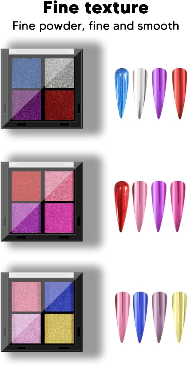 ست پودر آینه ای جامد، 3 عدد پودر کروم براق، پودر آینه ای با جلوه آینه ای و رنگین کمانی، رنگدانه پودر آینه ای برای هنر ناخن DIY خانگی سالن