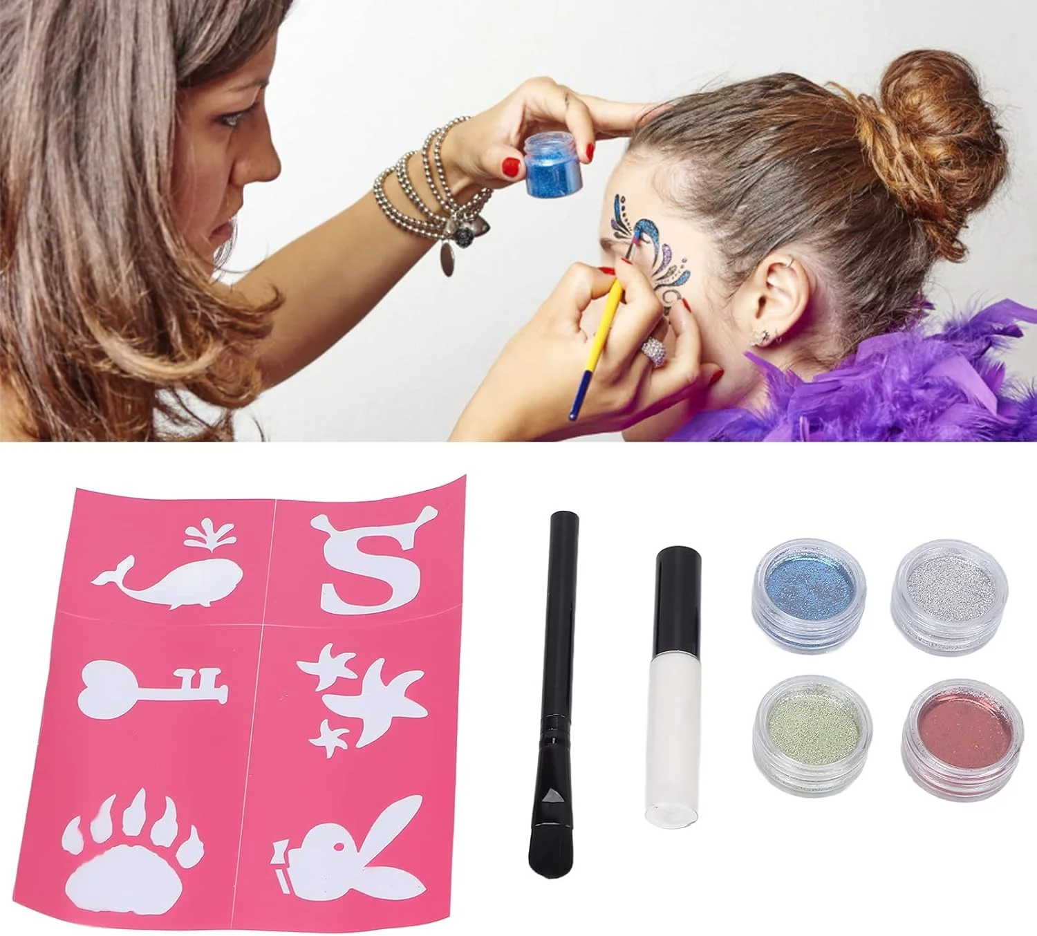 اکلیل سایه چشم و ناخن، کیت پودر اکلیل تزئینی رنگ روشن چند منظوره به همراه چسب برای مهمانی و صورت