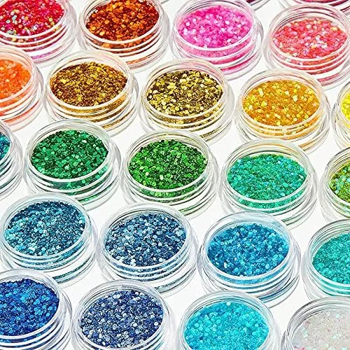 36 جعبه پولک ناخن اکلیلی درشت، پولک های اکلیلی درشت هولوگرافیک، پودر لیزری رنگین کمانی جشنواره آرایشی، پولک های اکلیلی تزئینی برای طراحی ناخن، صورت، چشم، مو، هنر ناخن، 36 رنگ