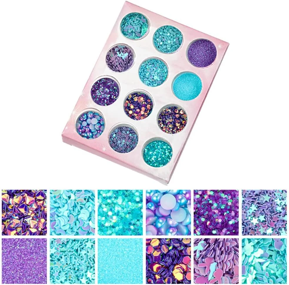 اکلیل ناخن آبی پولکی سه بعدی مرواریدی، پودر اکریلیک براق، پولک های درشت، 12 شیشه