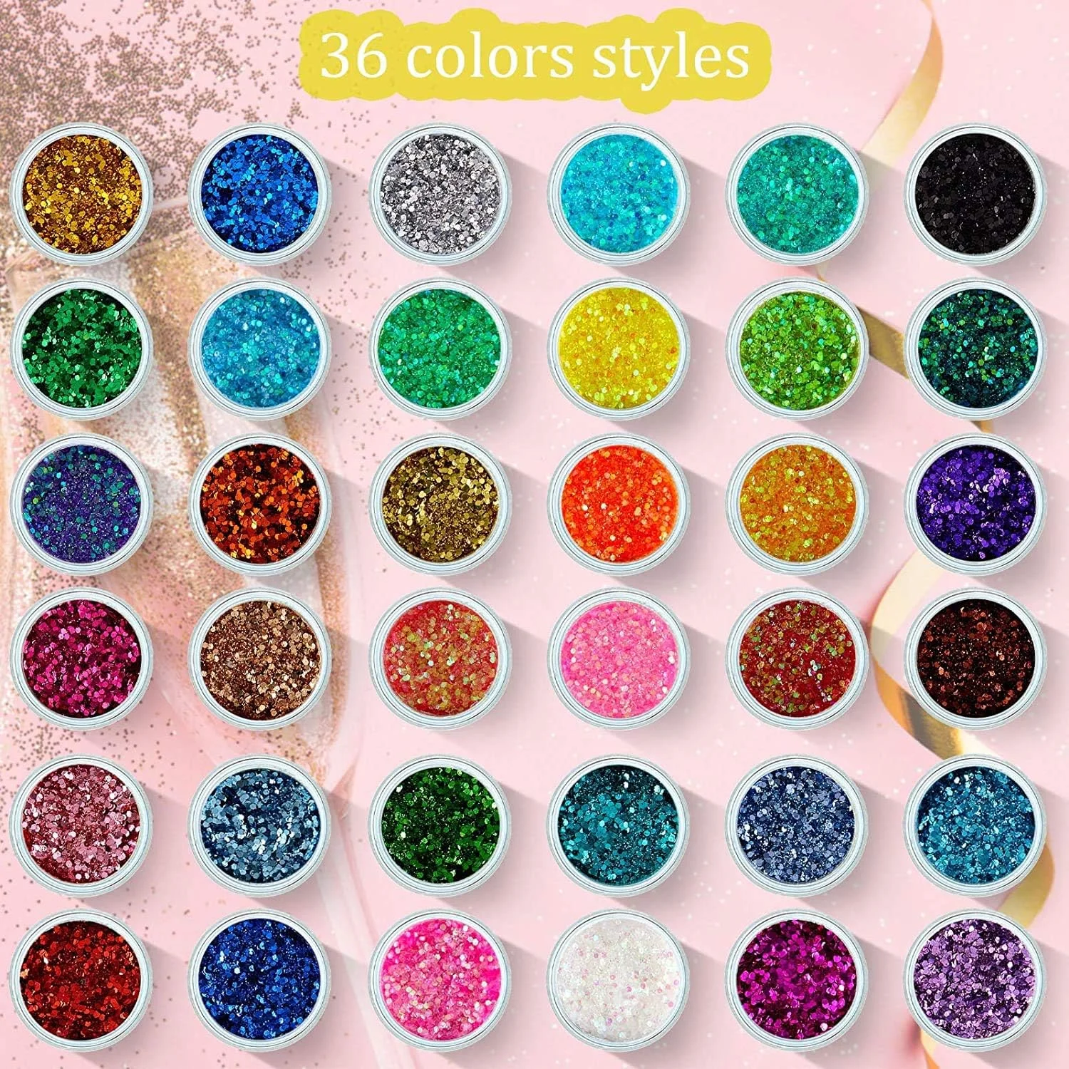 36 جعبه پولک ناخن اکلیلی درشت، پولک های اکلیلی درشت هولوگرافیک، پودر اکلیلی لیزری رنگین کمانی، تزئین ناخن اکلیلی برای طراحی هنری صورت، چشم، مو و ناخن، 36 رنگ