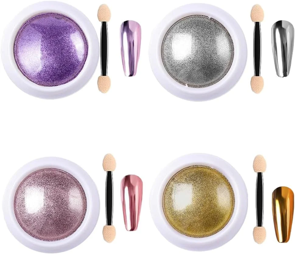 4 جعبه پودر ناخن چند رنگ پودر کروم متالیک پودر اکلیلی آینه ای جادویی با 4 عدد اپلیکاتور سایه چشم برای طراحی و تزئین ناخن