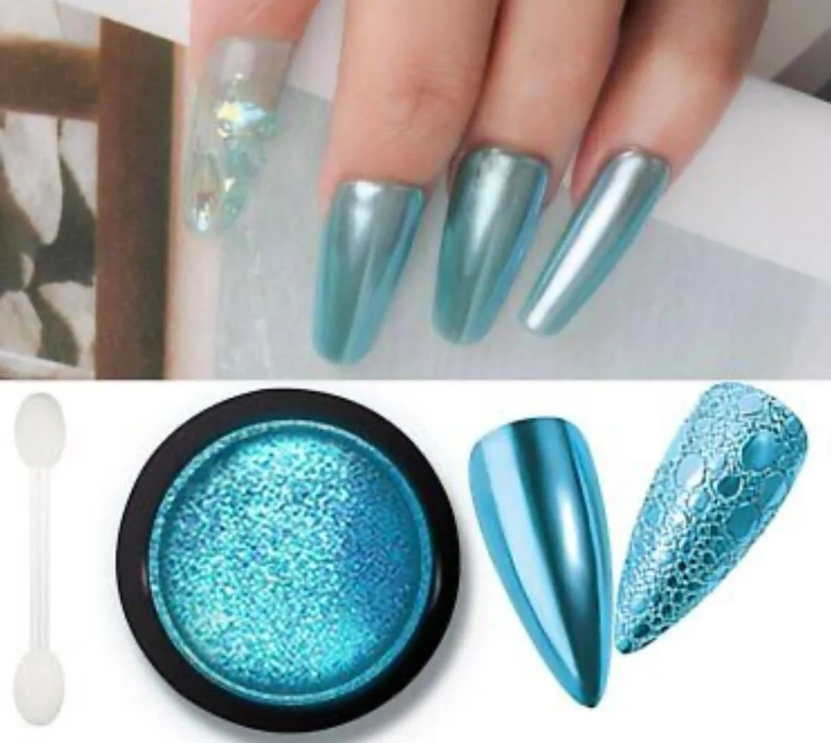 پودر پیگمنت ناخن آبی کودکانه با جلوه آینه‌ای، پودر لاک ناخن دودی مشکی، پودر اکلیلی لیزری رنگی، پولک تزئین ناخن، ابزار آرایش چشم دودی و کاردستی (C10)