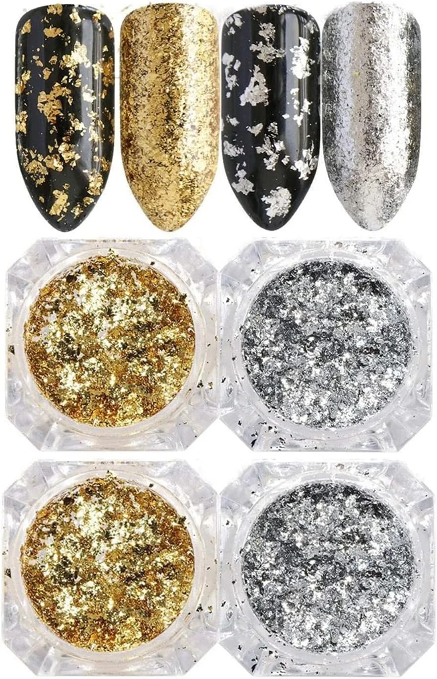 پودر ناخن اکلیلی هولوگرافیک، کیت پودر طراحی ناخن، اکلیل طلایی نقره ای، پولک های آلومینیومی، پودرهای اثر آینه جادویی، پولک، لاک ژل ناخن، تزئینات رنگدانه کروم، 4 جعبه/ست