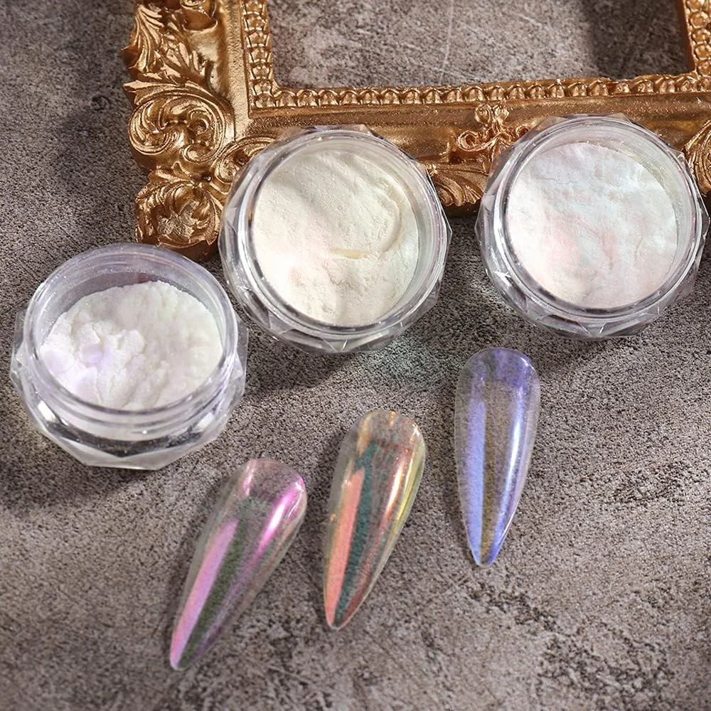 پودر ناخن کروم مرواریدی سفید 6 رنگ، پودر پیگمنت کروم آرورا، اکلیل ناخن، لوازم جانبی طراحی ناخن برای زنان و دختران