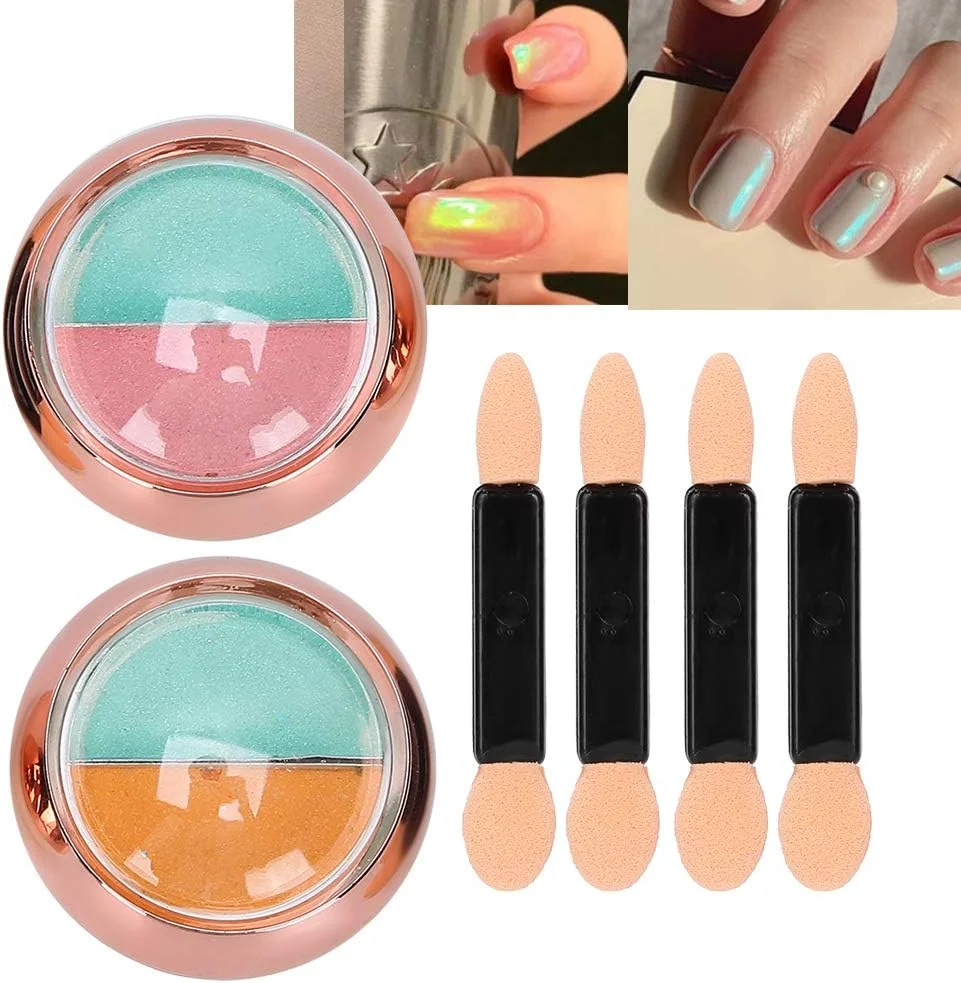 پودر ناخن آینه‌ای دو رنگ، پودر رنگدانه‌ای براق هنر ناخن جامد چند منظوره، ابزار مانیکور (2 عدد)