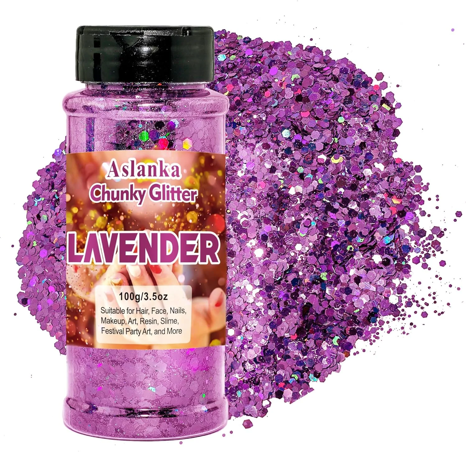 پودر اکلیل هولوگرافیک بنفش آسلانکا برای صورت، بدن، ناخن، هنر ناخن، آرایش، مو، اسلایم و کارهای دستی