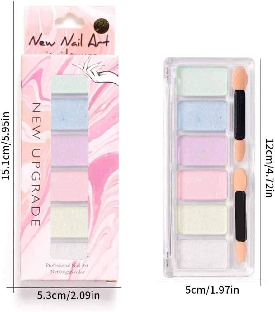 پودر ناخن آینه ای، پودر کروم ناخن، اکلیل ناخن با اپلیکاتور سایه چشم 6 رنگ، پیگمنت مانیکور برای طراحی ناخن - رنگارنگ