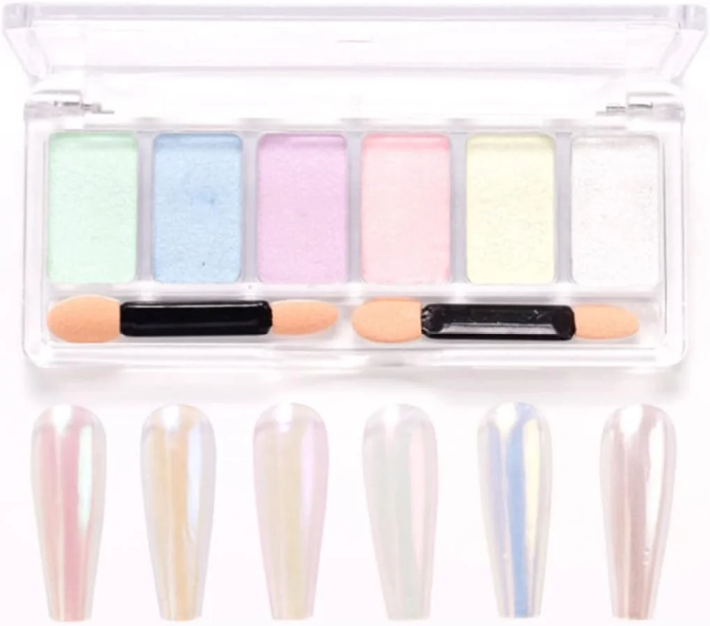 پودر ناخن آینه ای، پودر کروم ناخن، اکلیل ناخن با اپلیکاتور سایه چشم 6 رنگ، پیگمنت مانیکور برای طراحی ناخن - رنگارنگ