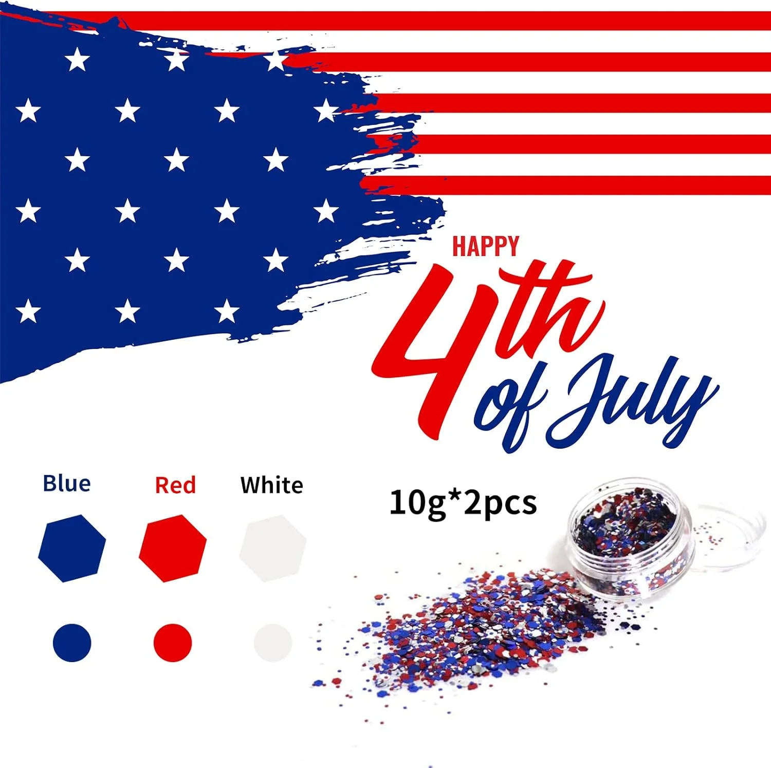 اکلیل درشت هولوگرافیک مخلوط قرمز، سفید و آبی با ژل، 20 گرم (2 شیشه x 10 گرم) پودر اکلیل صنایع دستی، پولک های رنگین کمانی ناخن صورت چشم لیوان، تزئینات 4 جولای